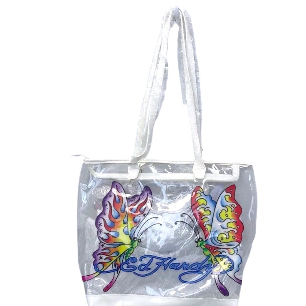 Ed Hardy Clear PVC Butterfly Tote Bag White Tattoo Print